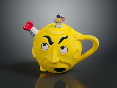 Yellow Ceramic Teapot Furniture Featuring Facial Expression And Astronaut Decoration Red Spout USA Design 3d model