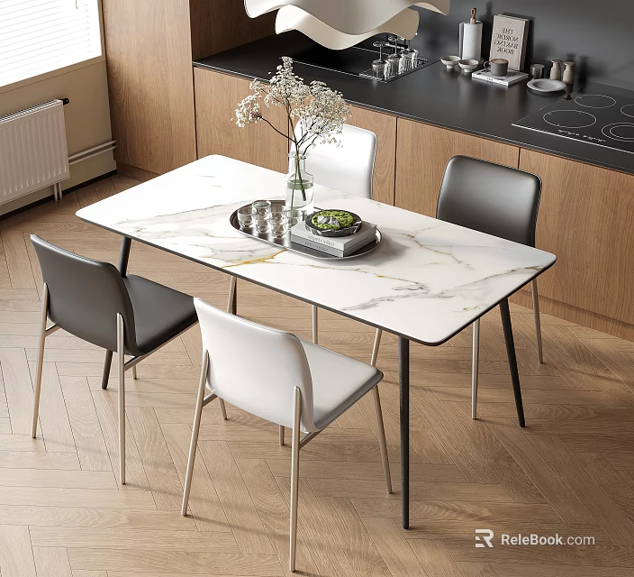 Modern Dining Table With Marble Top Black White Chairs And Flower Vase In Kitchen 3d model 