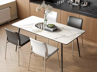 Modern Dining Table With Marble Top Black White Chairs And Flower Vase In Kitchen 3d model