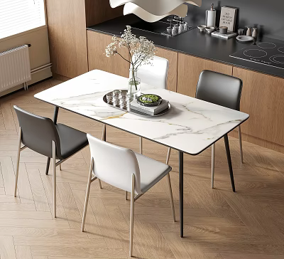 Modern Dining Table With Marble Top Black White Chairs And Flower Vase In Kitchen 3d model