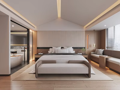 Hotel Guest Room Interior With Large Bed Striped Bedhead Wall Sofa Seating And Open Bathroom 3d model