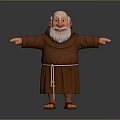 Cartoon Elderly Man in Brown Robe With White Beard Arms Outstretched Against Dark Background