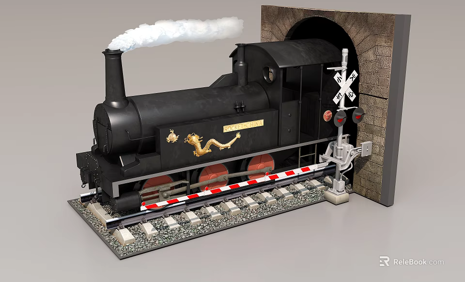 Black Steam Train Model With Golden Decoration Exiting Tunnel Near Railroad Crossing Emitting Smoke 3d model 