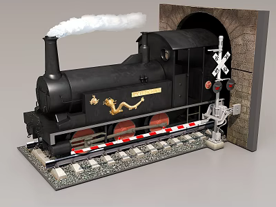 Black Steam Train Model With Golden Decoration Exiting Tunnel Near Railroad Crossing Emitting Smoke 3d model