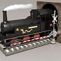 Black Steam Train Model With Golden Decoration Exiting Tunnel Near Railroad Crossing Emitting Smoke