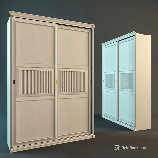 Light Colored Modern Wardrobe With Sliding Doors And Vertical Slats Design 3d model 