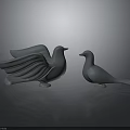 Two Elegant White Pigeon Sculptures on Dark Background With Reflections