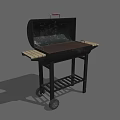 Black Outdoor Grill with Wooden Side Shelves Rolling Wheels Lid and Grill Grate