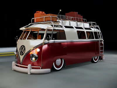 Vintage Red and White Volkswagen Bus with Roof Rack Luggage and Classic Design 3d model