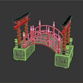 Red Japanese Style Bridge With Black Roofs Stone Bases And Ornate Railings