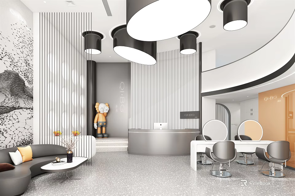 Modern Beauty Salon Interior Design With Reception Desk Styling Chairs And Decorative Lighting 3d model 