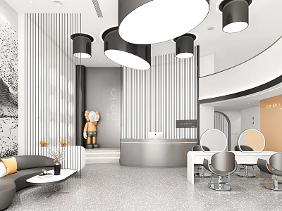 Modern Beauty Salon Interior Design With Reception Desk Styling Chairs And Decorative Lighting 3d model