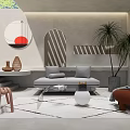 Modern Living Room Interior With Circular Mirror Arched Doorway Gray Sofa And Glass Coffee Table