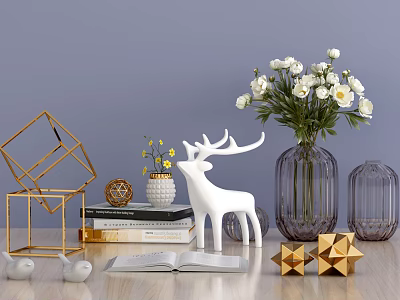 Decorative Ornament Set With White Deer Figurine Gold Geometric Decor White Flowers In Glass Vase 3d model