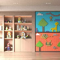 Kids Room Wall With Colorful Block Art Tree And Giraffe Patterns And Shelves With Toys