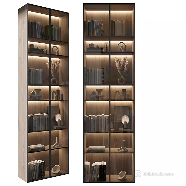 Modern Wooden Bookcase With Glass Doors LED Lighting And Decorative Items 3d model 