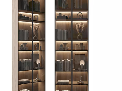 Modern Wooden Bookcase With Glass Doors LED Lighting And Decorative Items 3d model