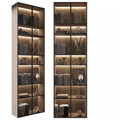 Modern Wooden Bookcase With Glass Doors LED Lighting And Decorative Items 3d model
