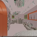 Pink Small Shop With Green Roof Arched Doorway And Hydrangea Plant Decorations