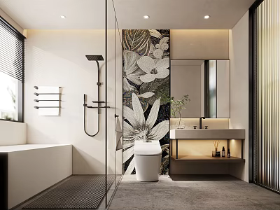 Modern Bathroom Interior With Floral Pattern Wall Glass Shower Bathtub And Vanity 3d model