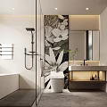 Modern Bathroom Interior With Floral Pattern Wall Glass Shower Bathtub And Vanity
