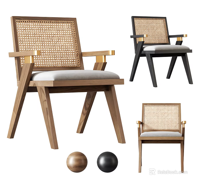Modern Leisure Chair With Wooden Frame Rattan Backrest Gold And Black Armrests Light Gray Cushion 3d model 