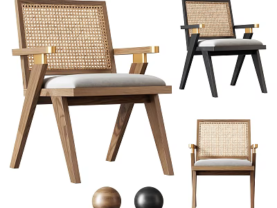 Modern Leisure Chair With Wooden Frame Rattan Backrest Gold And Black Armrests Light Gray Cushion 3d model