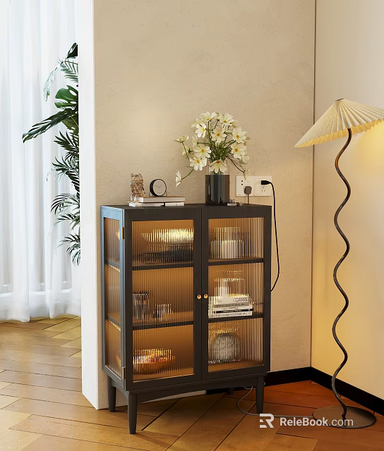 Stylish Glass Door Decorative Cabinet With Interior Books Candles White Flowers And Table Lamp 3d model 