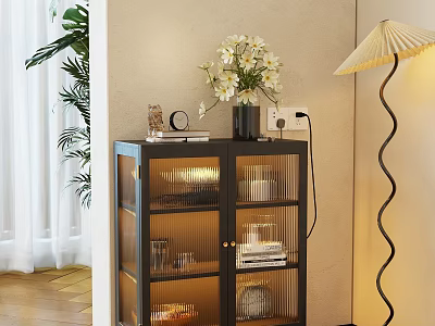 Stylish Glass Door Decorative Cabinet With Interior Books Candles White Flowers And Table Lamp 3d model