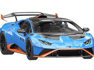 Blue Sports Car With Orange Accents Large Rear Wing And Aerodynamic Design 3d model