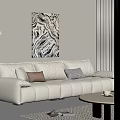 White Three Seater Sofa In Modern Living Room With Floor Lamp Abstract Painting And Curtains