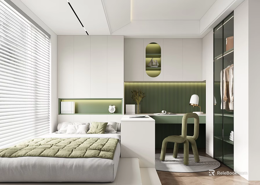 Modern Tatami Bedroom Interior Design With Green Bedding White Wardrobe Desk Chair And Plants 3d model 