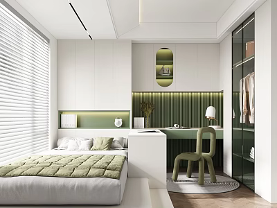 Modern Tatami Bedroom Interior Design With Green Bedding White Wardrobe Desk Chair And Plants 3d model