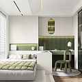 Modern Tatami Bedroom Interior Design With Green Bedding White Wardrobe Desk Chair And Plants