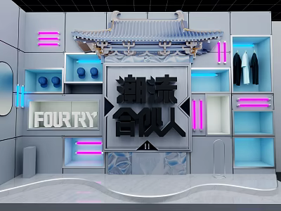 Trendy Partners FOURTRY Stylish Display Space With Neon Lights And Clothing 3d model