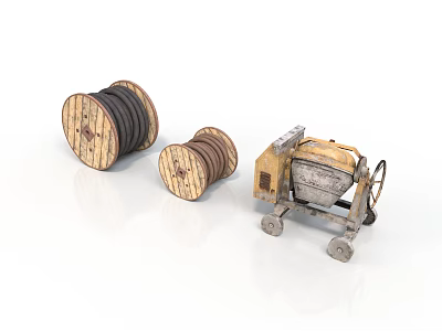 Vintage Wooden Cable Reels And Small Machinery Cart On White Background 3d model