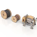 Vintage Wooden Cable Reels And Small Machinery Cart On White Background