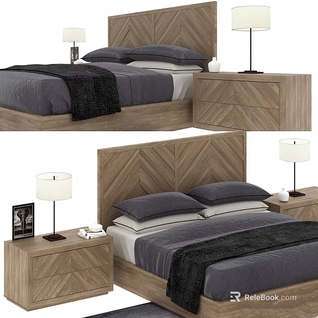 Kids Bed with Herringbone Wooden Headboard Grey Bedding Dark Blanket and Nightstand with Table Lamp 3d model 