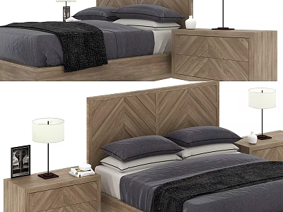 Kids Bed with Herringbone Wooden Headboard Grey Bedding Dark Blanket and Nightstand with Table Lamp 3d model