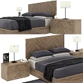Kids Bed with Herringbone Wooden Headboard Grey Bedding Dark Blanket and Nightstand with Table Lamp