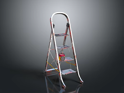 Silver Metal Ladder With Multiple Steps Yellow Support Bars and Red Small Object 3d model