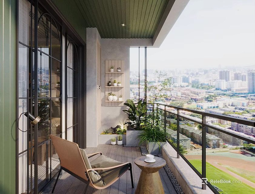 Cozy Home Balcony with Green Ceiling Comfortable Chair Small Table Potted Plants and City View 3d model 