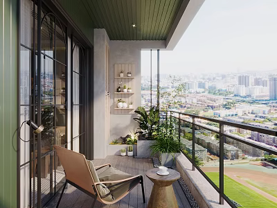 Cozy Home Balcony with Green Ceiling Comfortable Chair Small Table Potted Plants and City View 3d model