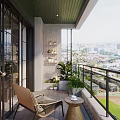 Cozy Home Balcony with Green Ceiling Comfortable Chair Small Table Potted Plants and City View