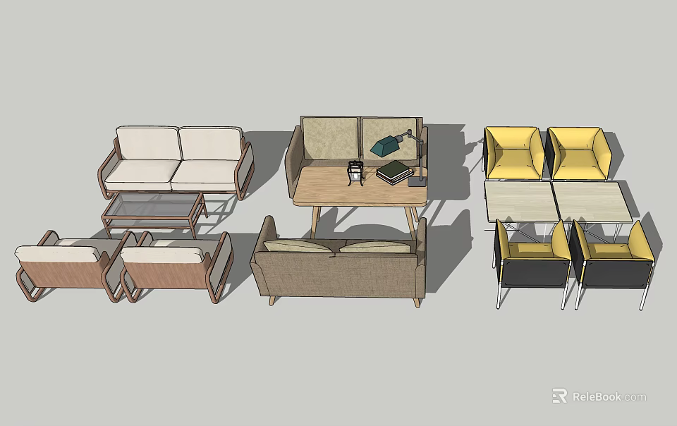 Stylish Outdoor Sofa Collection With Neutral Brown And Yellow Seating And Coffee Tables 3d model 