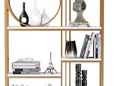 Modern Decorative Cabinet with Golden Frame and White Shelves Displaying Vases Books and Sculpture 3d model