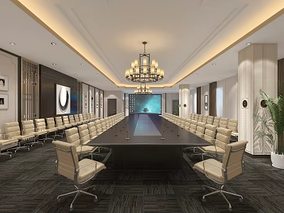 Elegant Modern Conference Room With Long Table Chandelier Large Screen And Beige Chairs 3d model