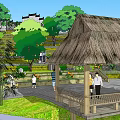 Traditional Landscape Design With Thatched Hut Green Trees Pathways And Terraced Lawns