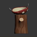 Mushroom Shaped Sink With Red Rim And Tree Stump Base Featuring Silver Faucet