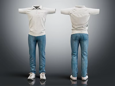 White Polo Shirt And Blue Jeans With White Sneakers Front Back Views 3d model